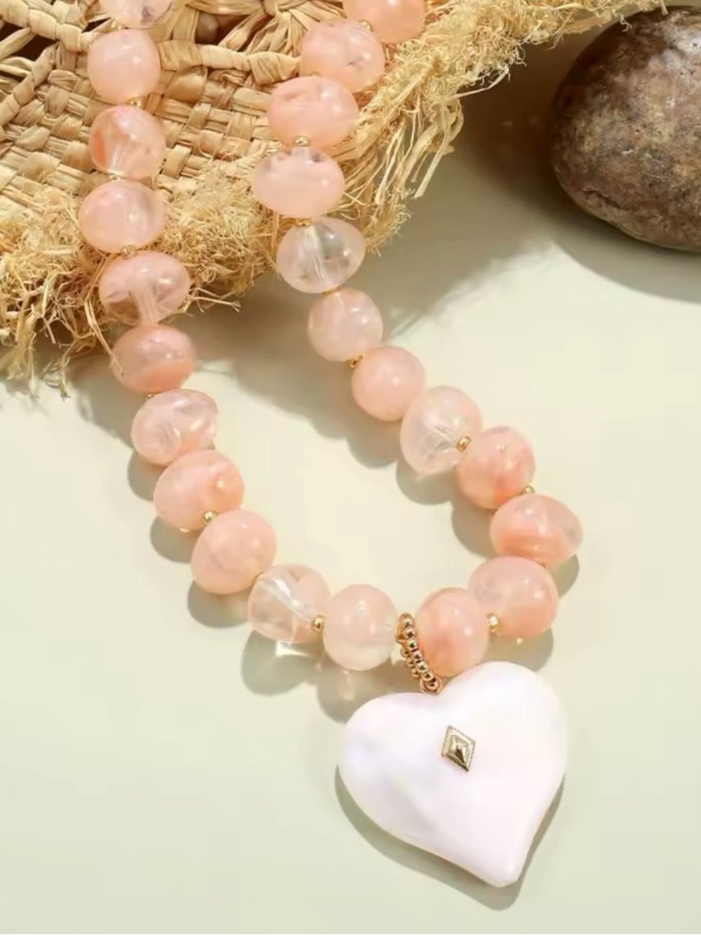 Rose Quartz Beaded Necklace with White Heart Pendant. Choker necklace. - Picture 3 of 5